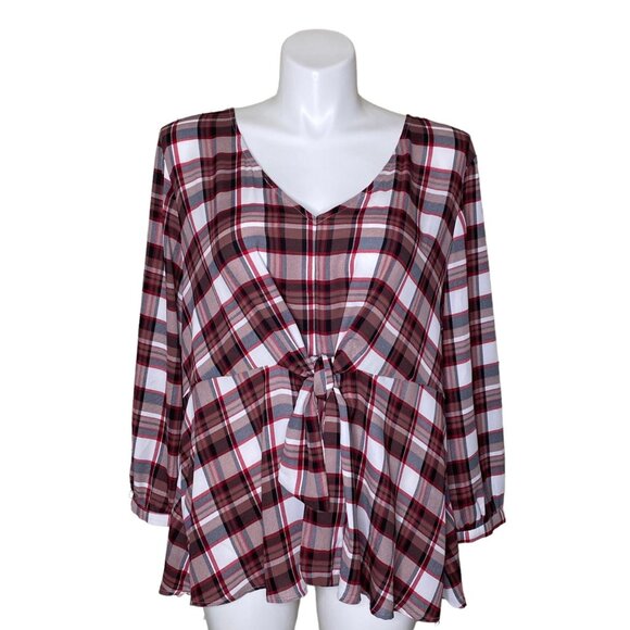 Torrid Georgette Tie-Front Blouse, Red Plaid Long Sleeve V-Neck Women's Size 3 - Picture 3 of 13